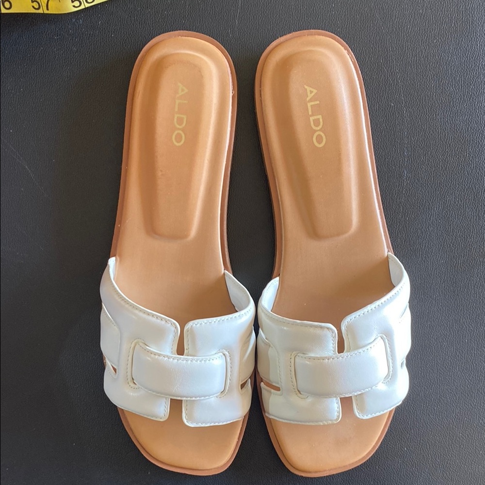 Aldo White and Tan Minimalist Slide Sandals
